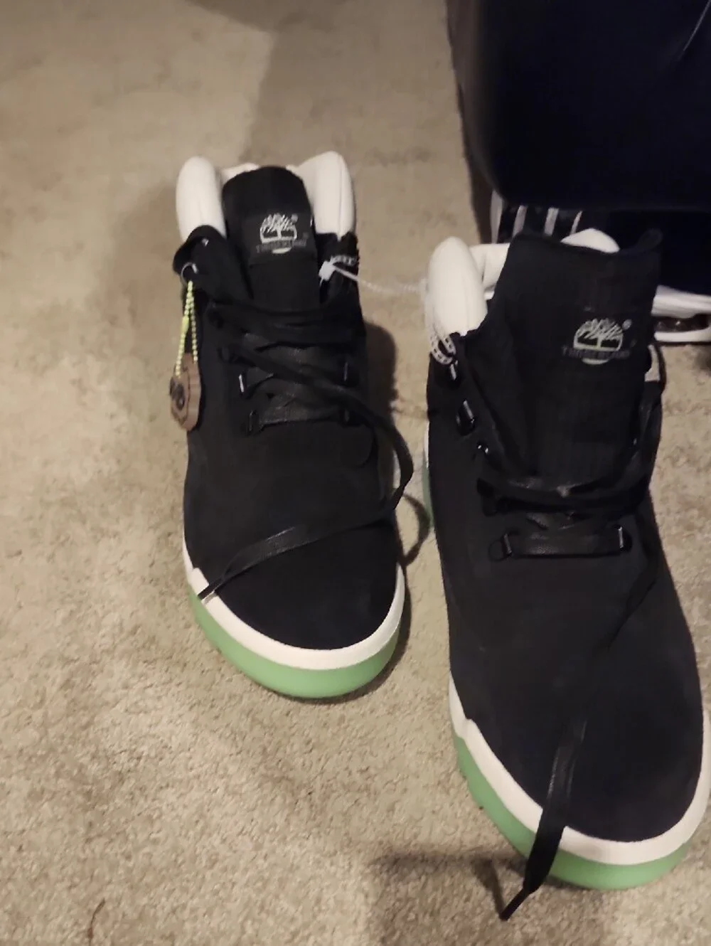 Black and White High-Top TIMBERLANS Sneakers with Mint Green  Glow Sole